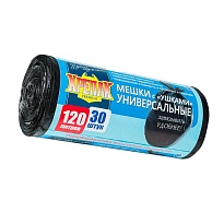 Мешки для мусора 120 л, с ушками, черные, в рулоне 30 шт., ПНД, 15 мкм, 1100х700 мм, Крепак, 4607075710375 в Нефтеюганске